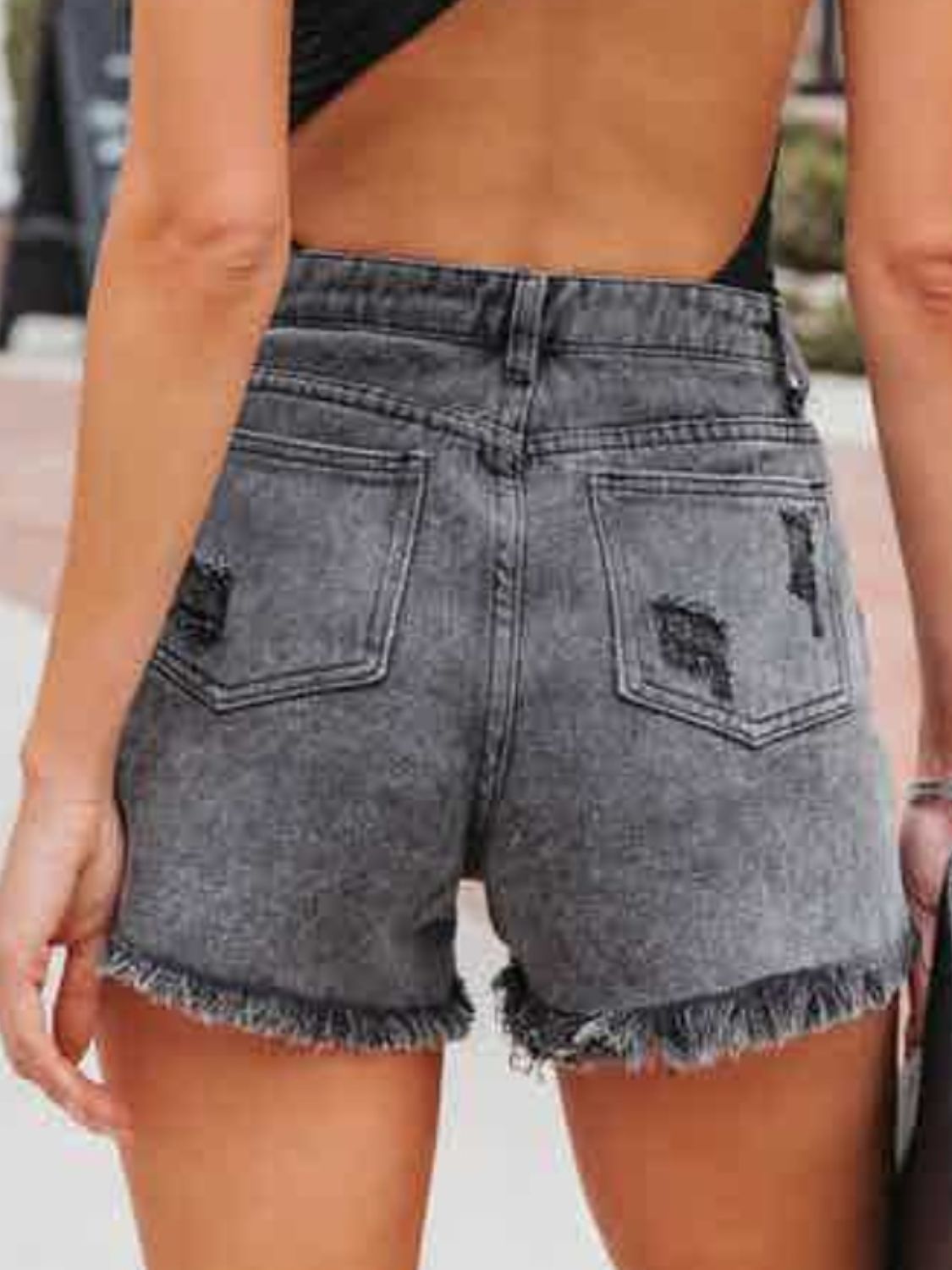 STUNNLY  Distressed Fringe Denim Shorts with Pockets   