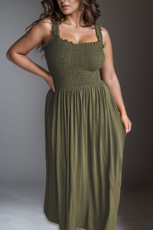 STUNNLY  Plus Size Smocked Square Neck Maxi Dress Army Green 1XL 