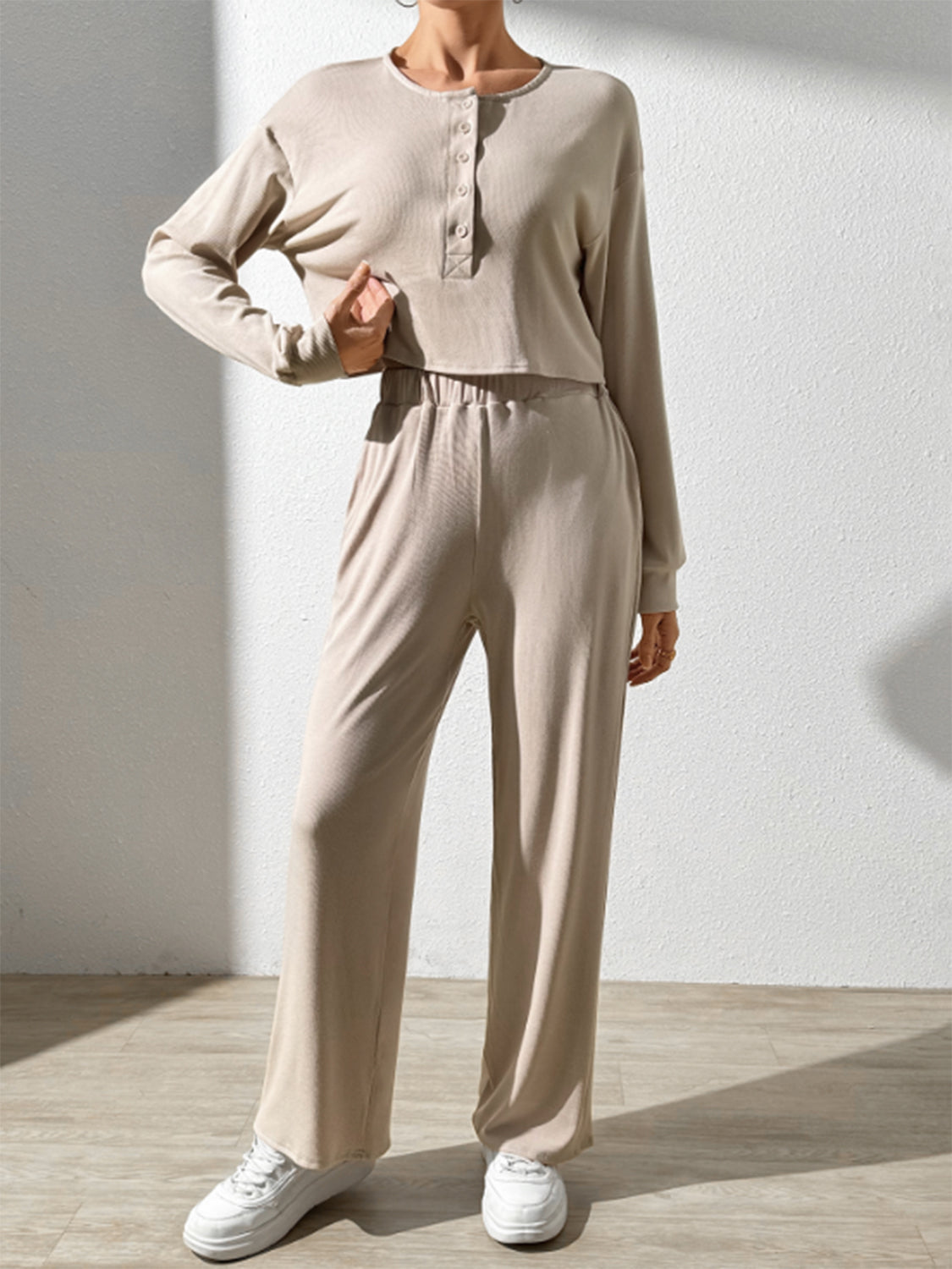 STUNNLY  Half Button Long Sleeve Top and Pants Set   