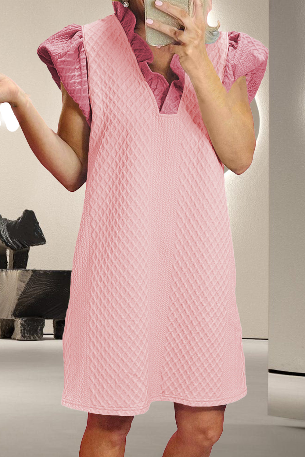 STUNNLY  Ruffled V-Neck Cap Sleeve Mini Dress Blush Pink XL 