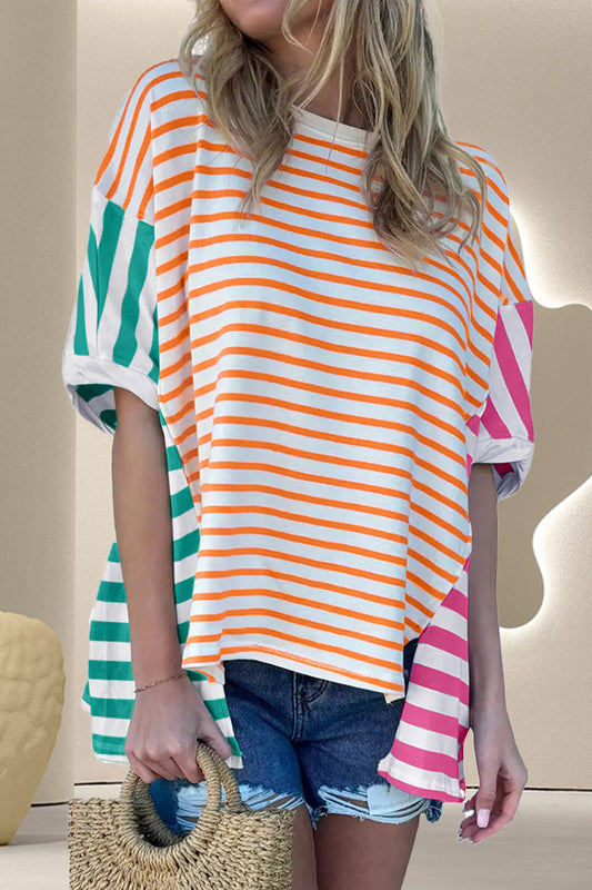 Contrast Striped Round Neck Half Sleeve T-Shirt Stripe S 