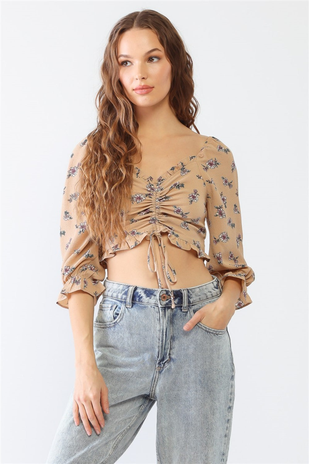 STUNNLY  Tasha Apparel Floral Ruffle Smocked Back Ruched Crop Top Taupe S 