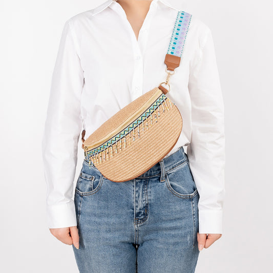 Bead Trim Straw Weave Crossbody Bag Tan One Size 