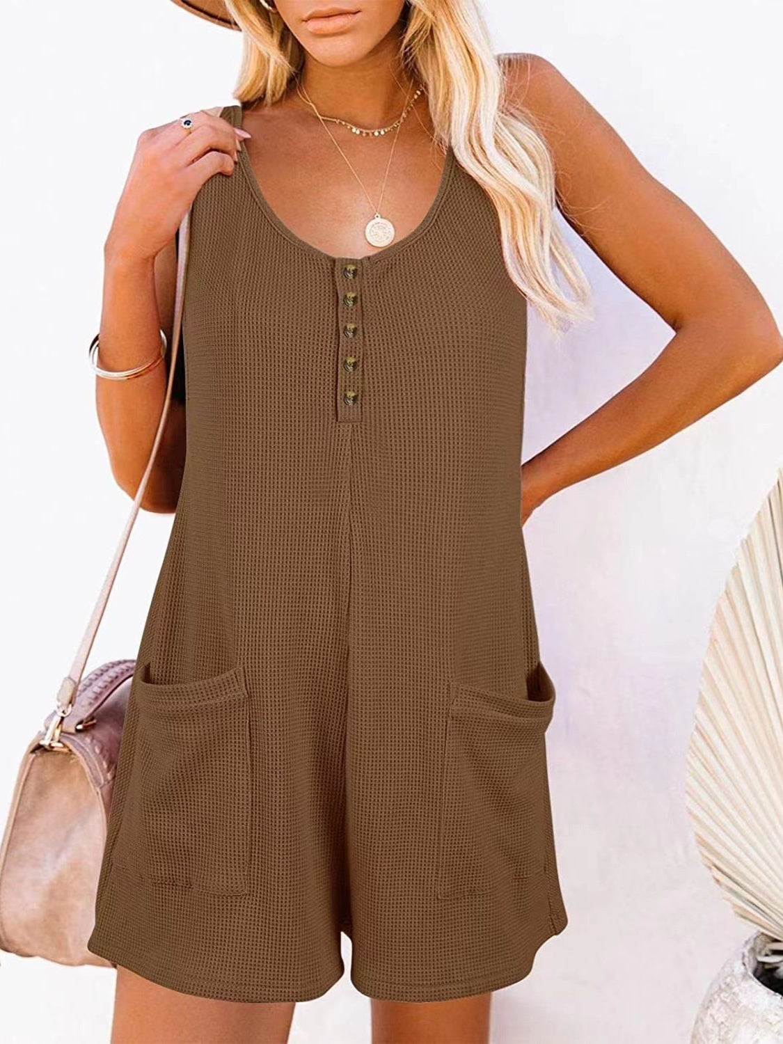STUNNLY  Full Size Pocketed Scoop Neck Sleeveless Romper Taupe S 