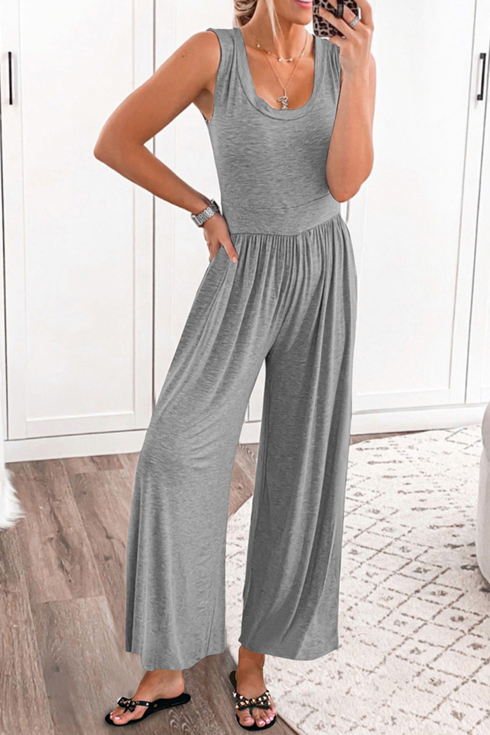 STUNNLY  Full Size Scoop Neck Wide Strap Jumpsuit Gray S 