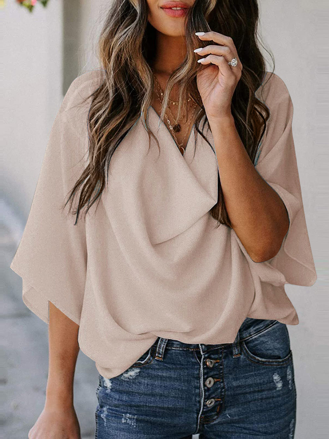 STUNNLY  Full Size Cowl Neck Three-Quarter Sleeve Blouse   