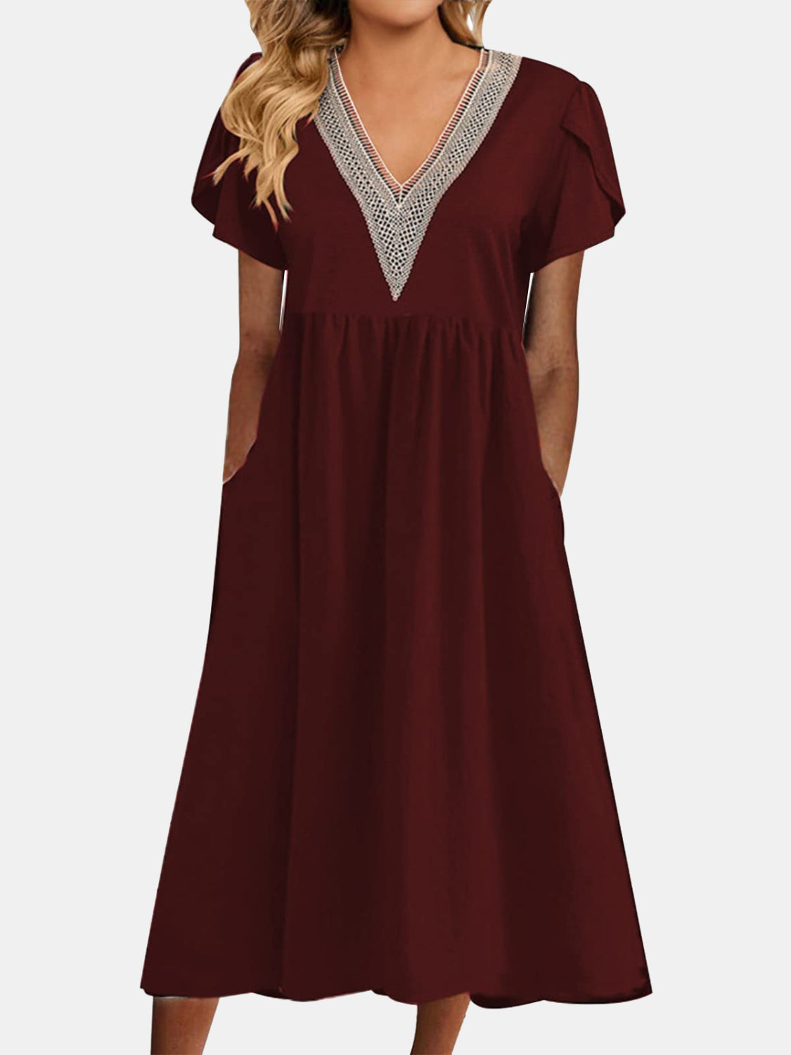 STUNNLY  Full Size Lace Detail V-Neck Short Sleeve Dress Wine S 