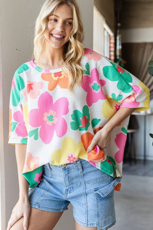 HOPELY Floral Waffle Oversize T-Shirt   