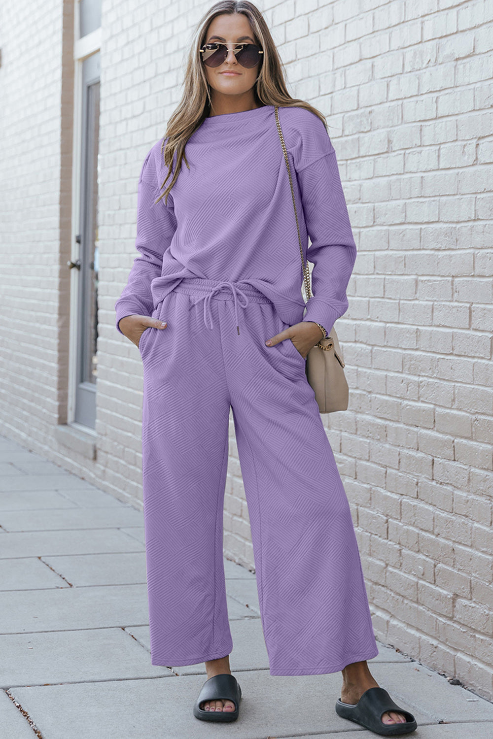 Double Take Full Size Textured Long Sleeve Top and Drawstring Pants Set Lavender XL 