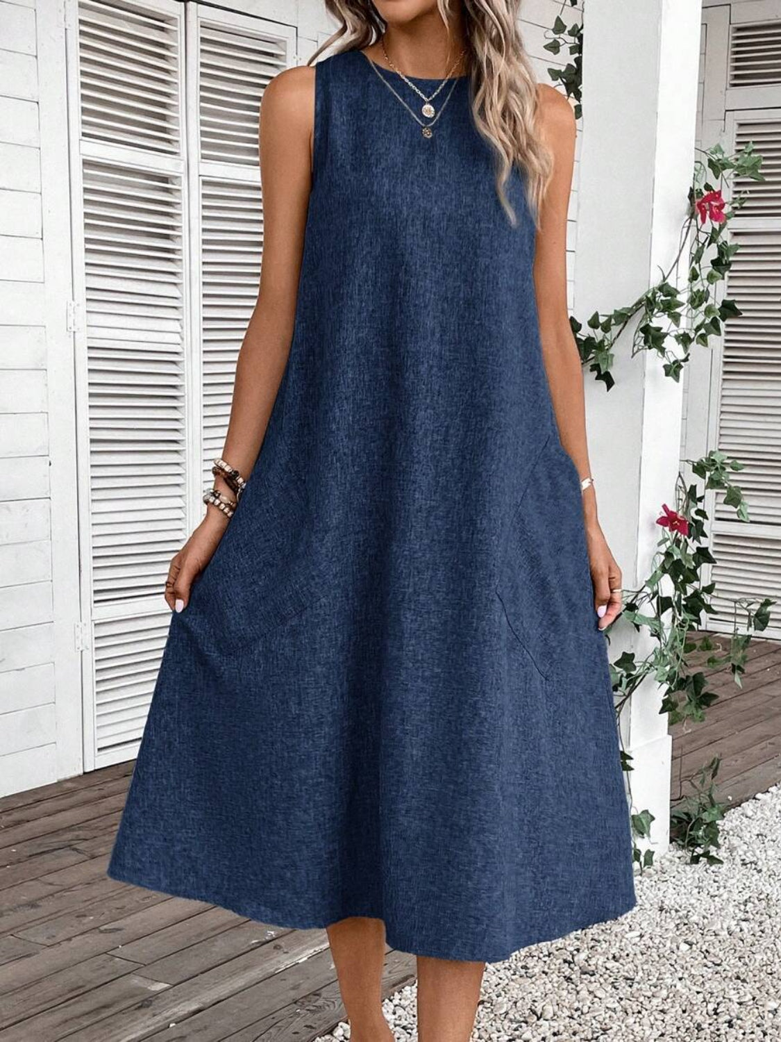 Full Size Pocketed Round Neck Sleeveless Dress Cobalt Blue S 