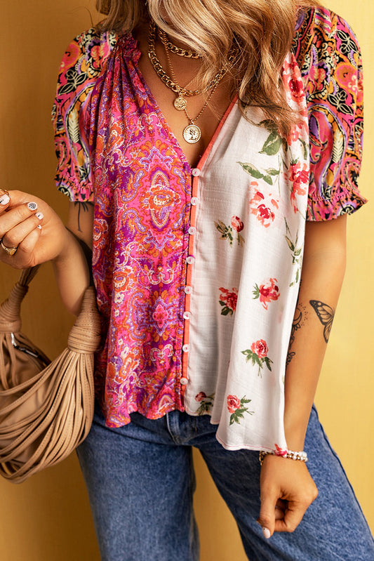 STUNNLY  Printed V-Neck Short Sleeve Blouse Multicolor S 
