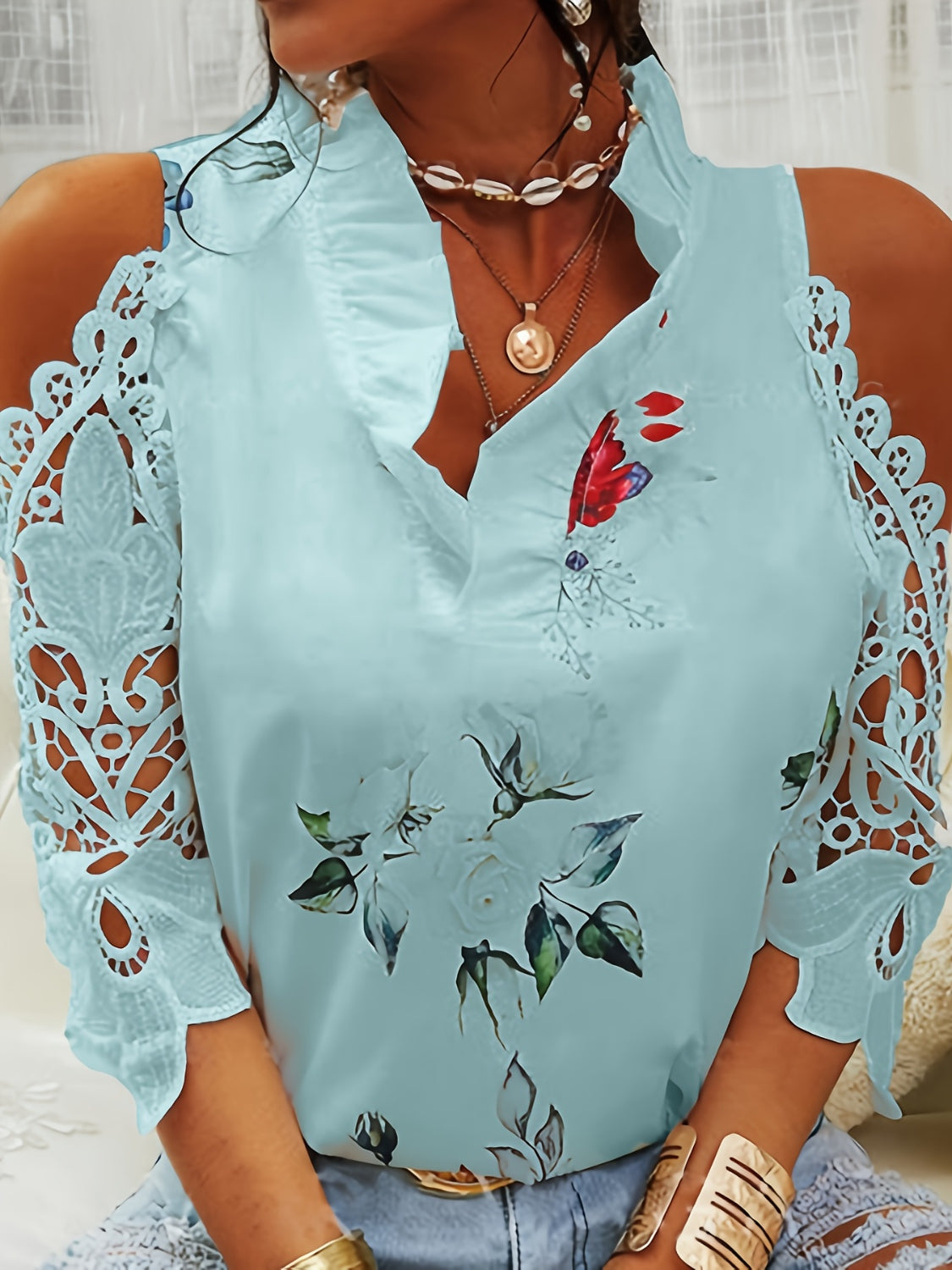 STUNNLY  Full Size Lace Printed Half Sleeve Blouse Tiffany Blue S 