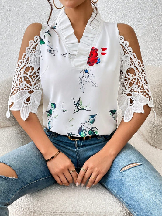 STUNNLY  Full Size Lace Printed Half Sleeve Blouse White S 