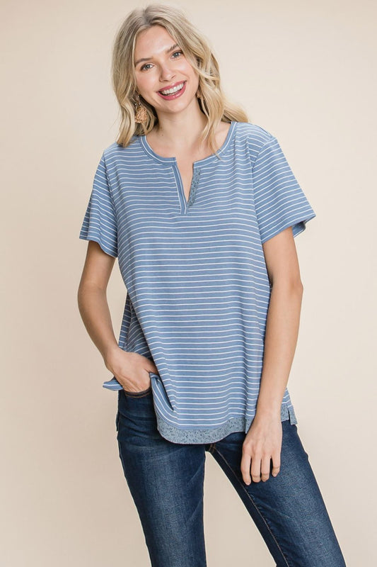 Cotton Bleu by Nu Lab Slit Striped Notched Short Sleeve T-Shirt Denim S 