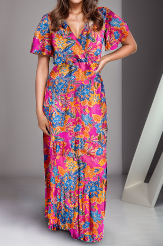 STUNNLY  Printed Surplice Short Sleeve Maxi Dress Multicolor S 