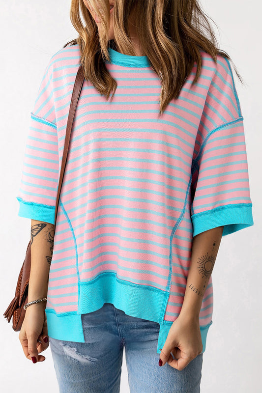 Striped Round Neck Half Sleeve T-Shirt Blush Pink S 