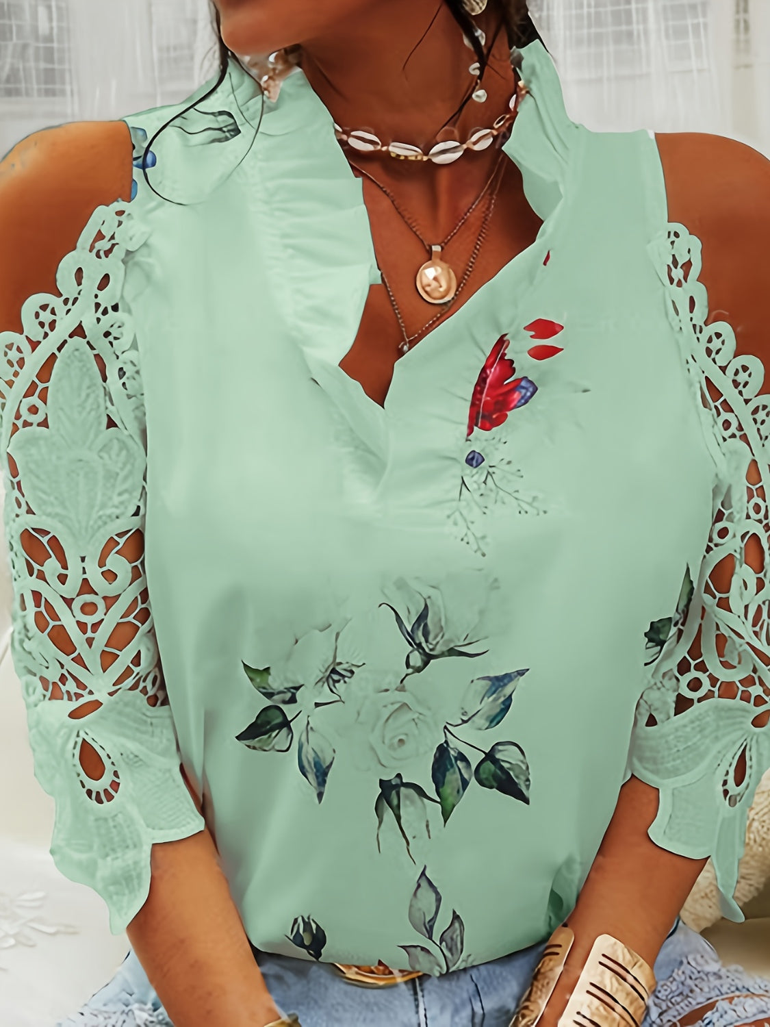 STUNNLY  Full Size Lace Printed Half Sleeve Blouse Mist Green S 