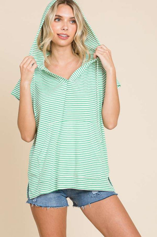 STUNNLY  Culture Code Full Size Striped Short Sleeve Hooded Top Candy Green S 
