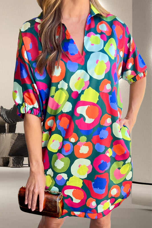 STUNNLY  Printed Johnny Collar Half Sleeve Mini Dress Multicolor S 