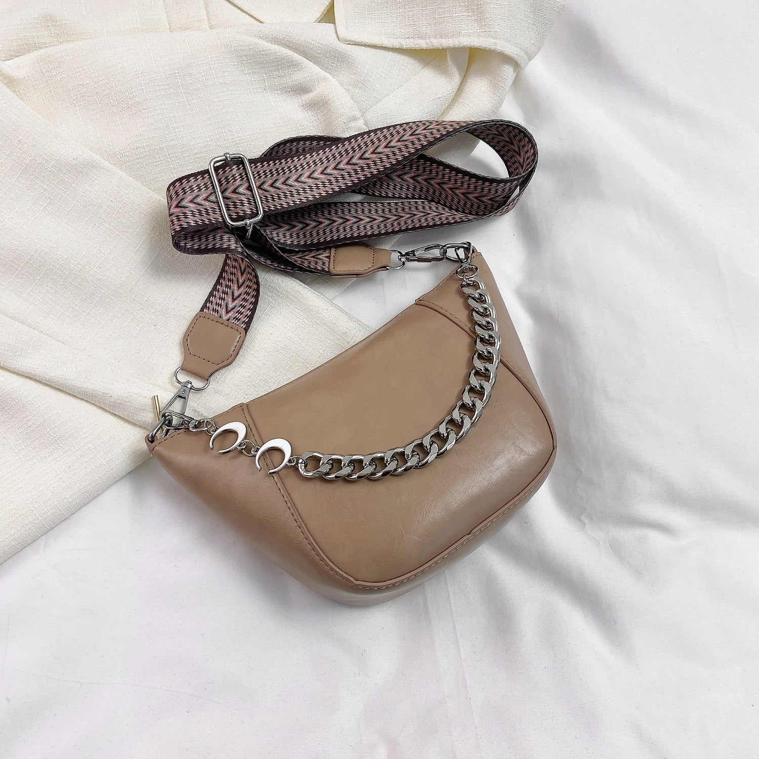 PU Leather Chain Trim Crossbody Bag Khaki One Size 