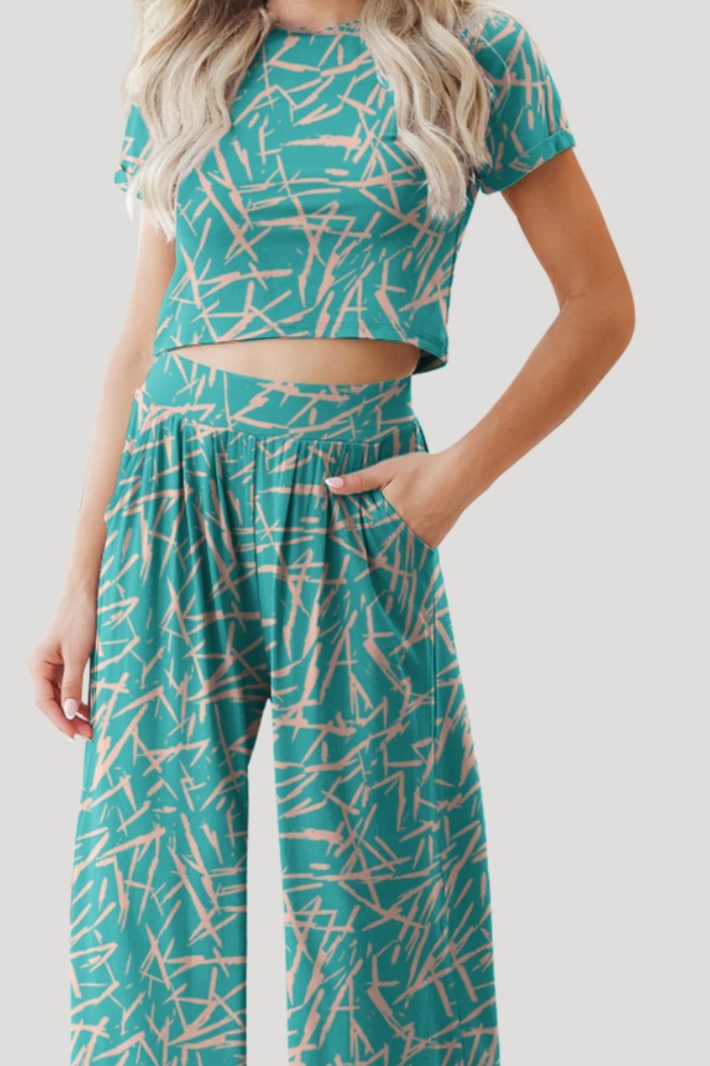 STUNNLY  Printed Round Neck Short Sleeve Top and Pants Set   