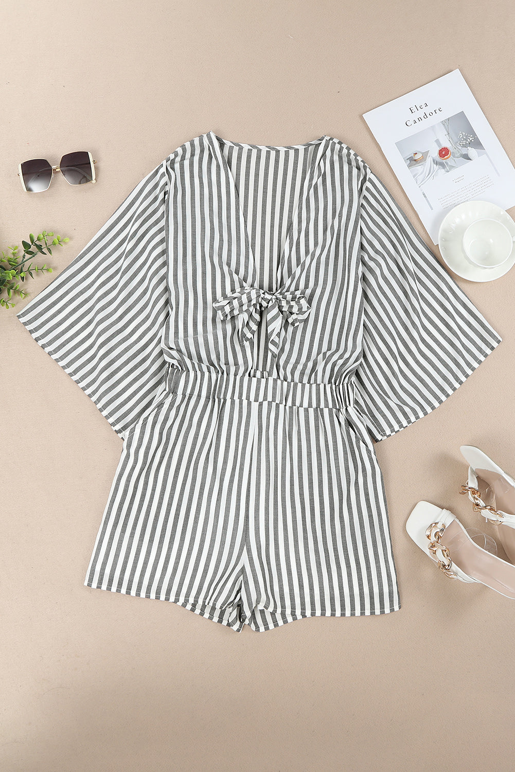 STUNNLY  Tied Striped Three-Quarter Sleeve Romper Charcoal S 