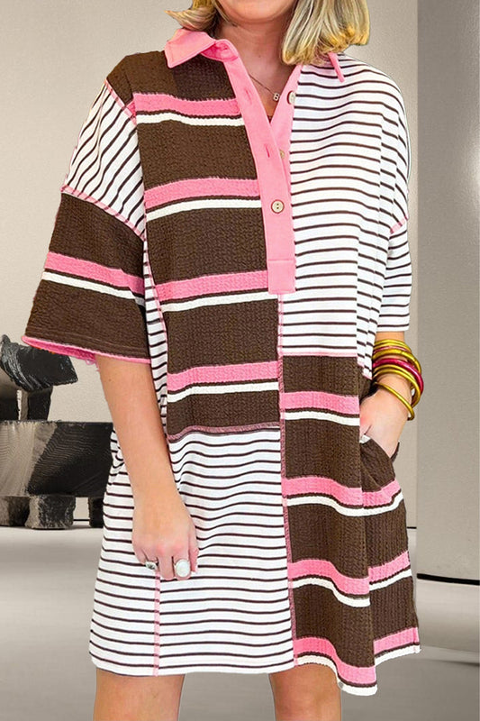 Striped Collared Neck Half Sleeve Mini Dress Stripe S 