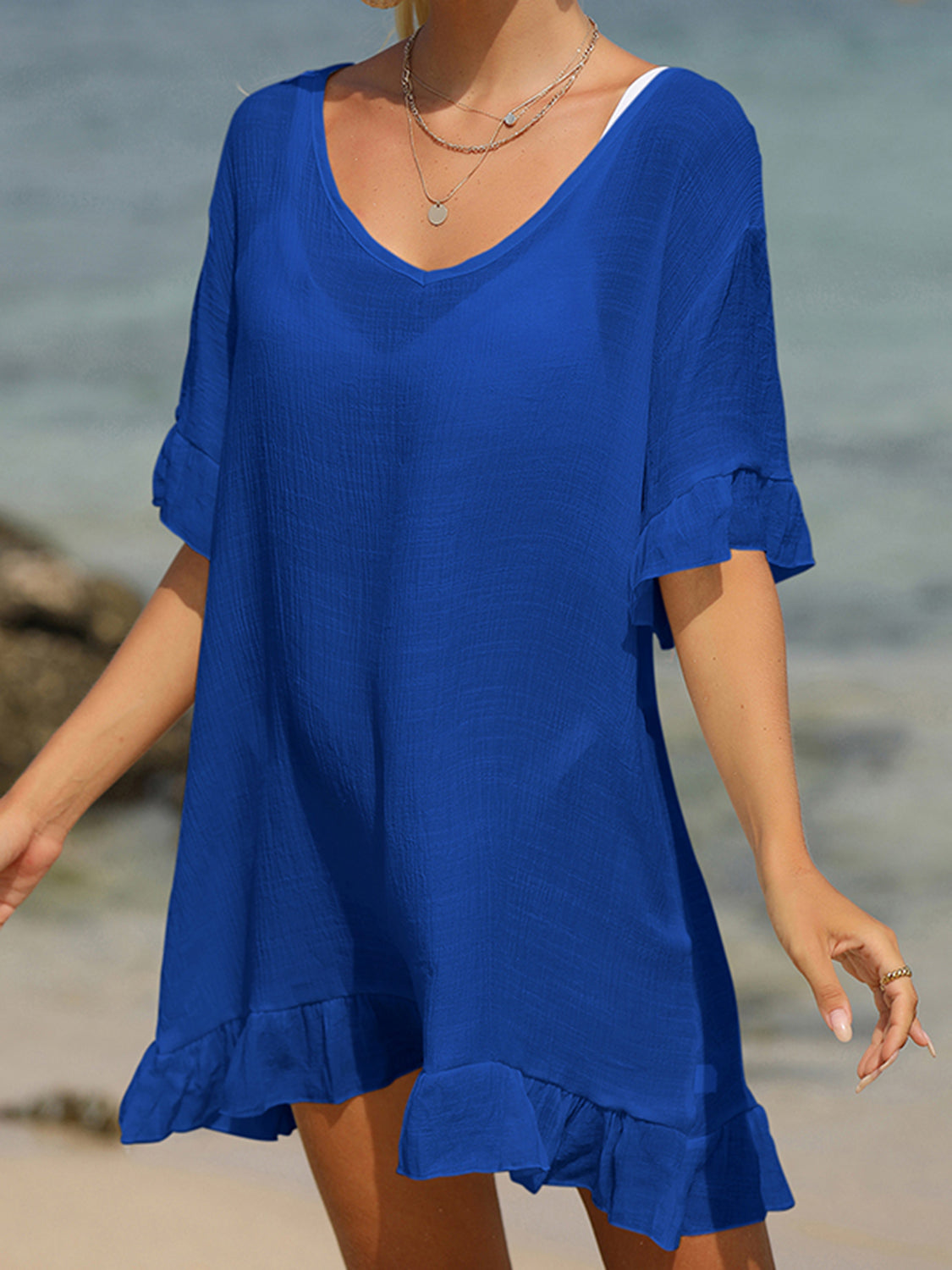 Tied Ruffled Half Sleeve Cover-Up Royal  Blue One Size 