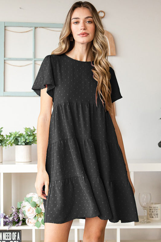 STUNNLY  Heimish Swiss Dot Short Sleeve Tiered Dress Black S 