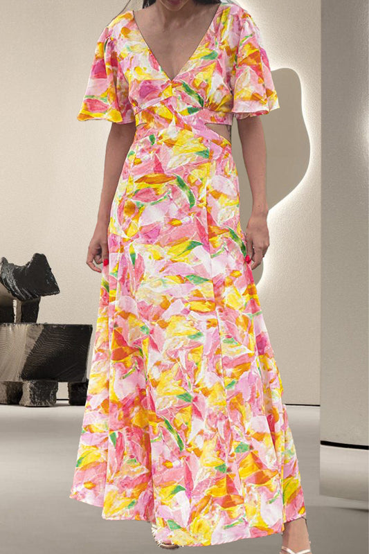 Tied Printed V-Neck Short Sleeve Dress Multicolor S 
