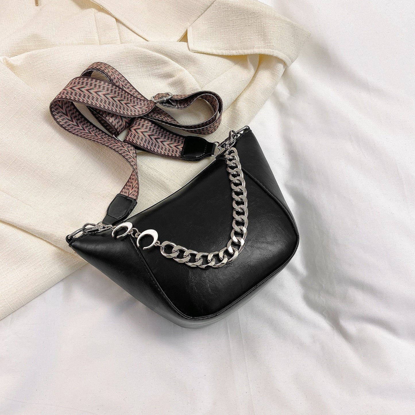 PU Leather Chain Trim Crossbody Bag Black One Size 
