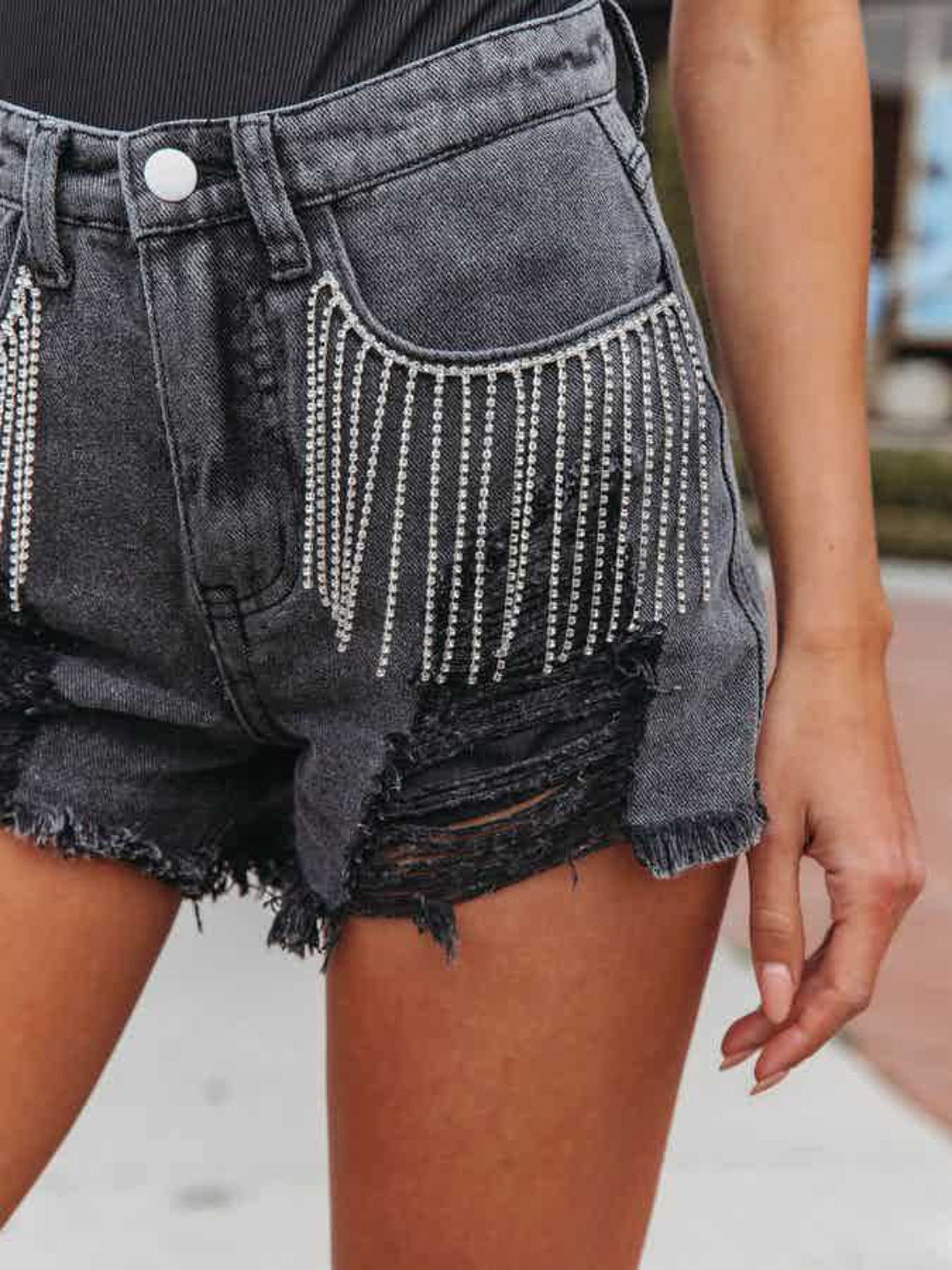 STUNNLY  Distressed Fringe Denim Shorts with Pockets   