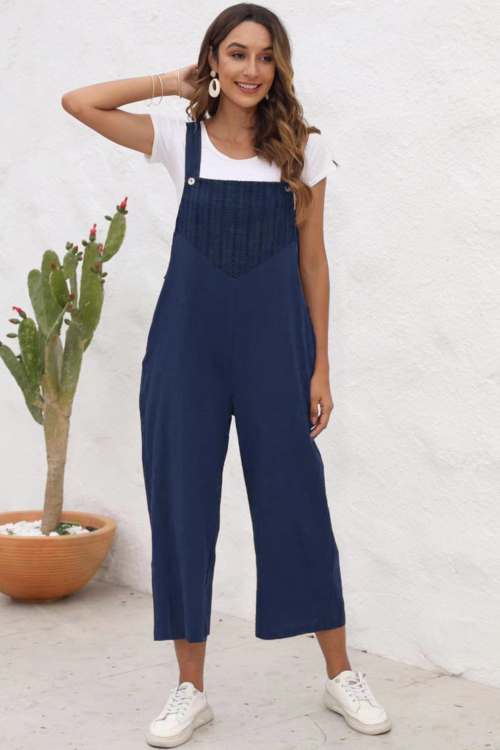 STUNNLY  Full Size Square Neck Wide Strap Jumpsuit Navy S 