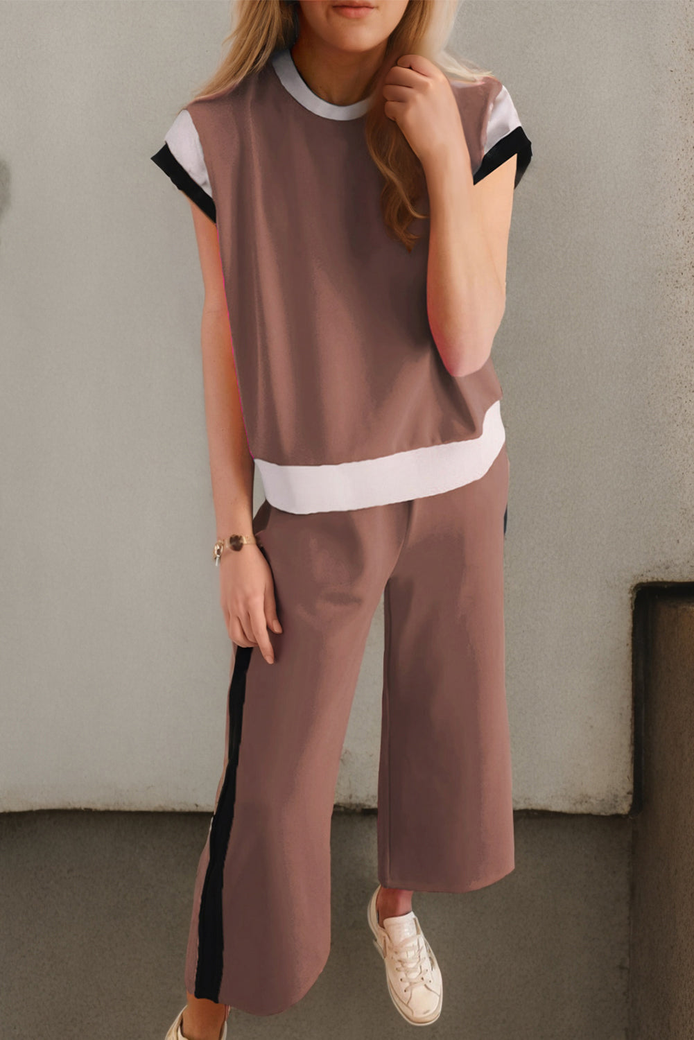 STUNNLY  Contrast Round Neck Top and Pants Set   