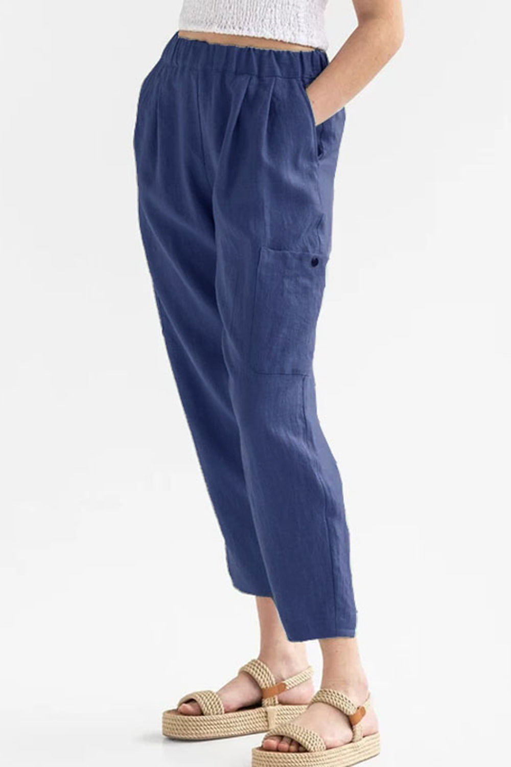 STUNNLY  Pocketed Elastic Waist Pants Navy S 