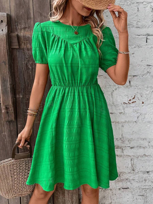 STUNNLY  Ruched Round Neck Short Sleeve Mini Dress Mid Green S 