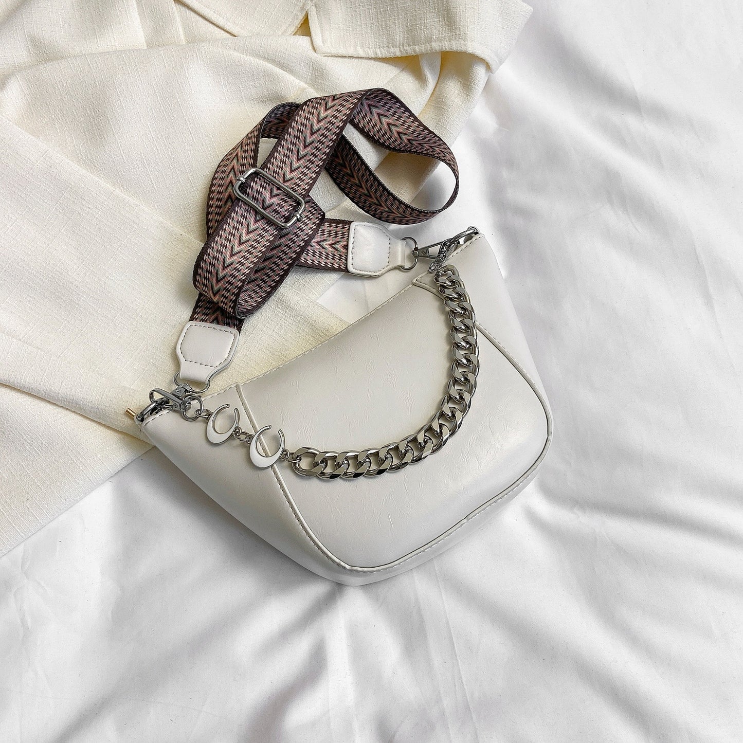 PU Leather Chain Trim Crossbody Bag White One Size 