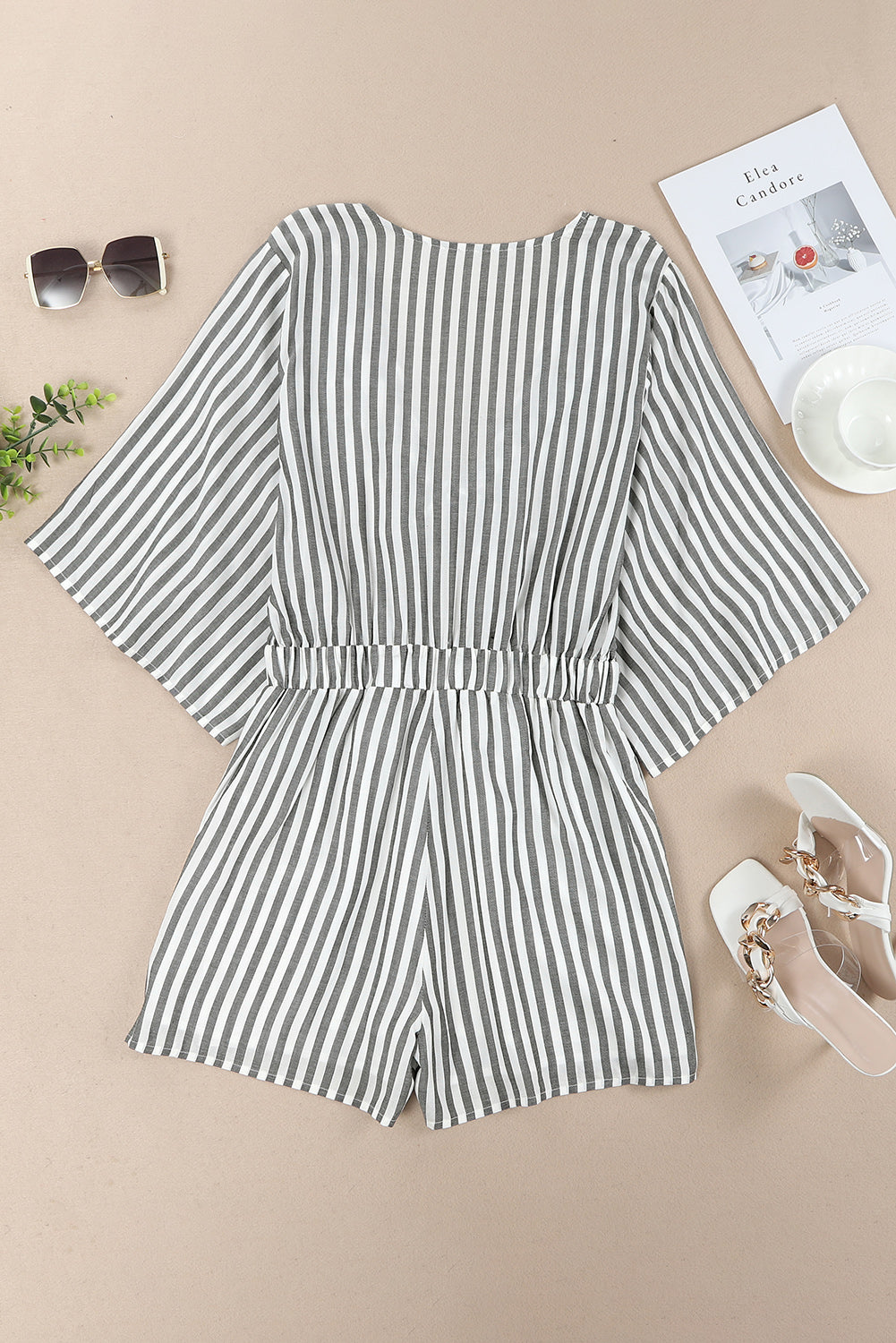 STUNNLY  Tied Striped Three-Quarter Sleeve Romper   