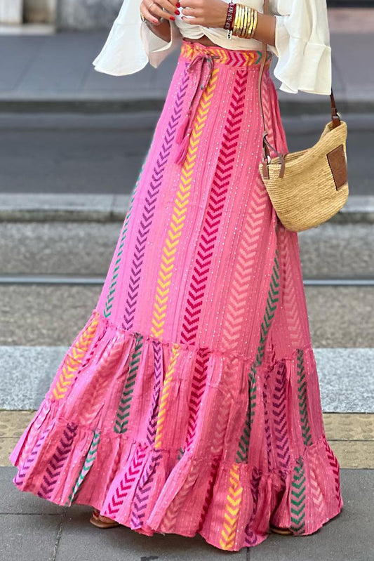 STUNNLY  Drawstring Geometric High Waist Skirt Carnation Pink S 