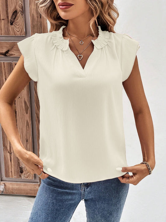 STUNNLY  Notched Cap Sleeve Blouse Cream S 