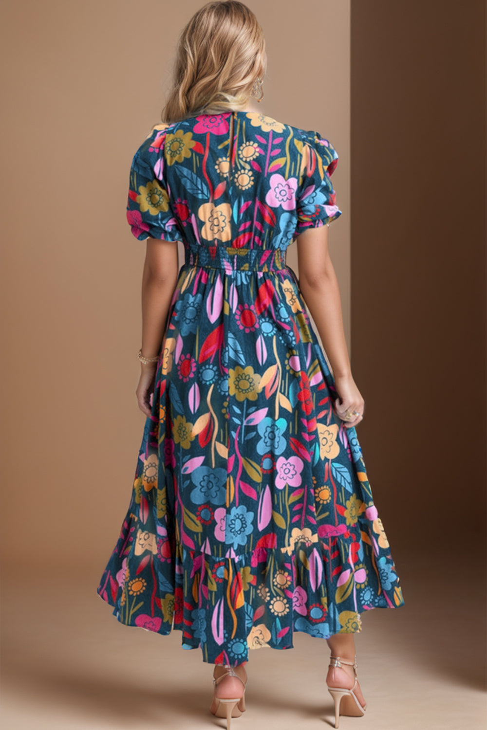 STUNNLY  Printed Notched Puff Sleeve Midi Dress   