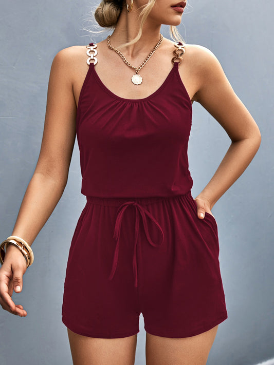 STUNNLY  Scoop Neck Romper with Pockets Wine S 