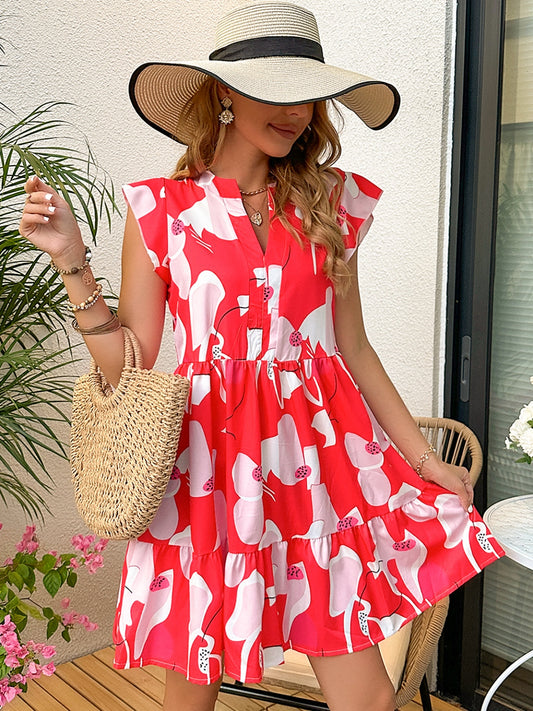 STUNNLY  Printed Notched Cap Sleeve Dress Strawberry S 