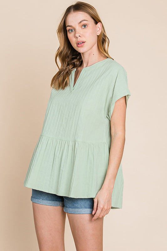Cotton Bleu by Nu Lab Ruched Notched Short Sleeve Blouse Sage S 