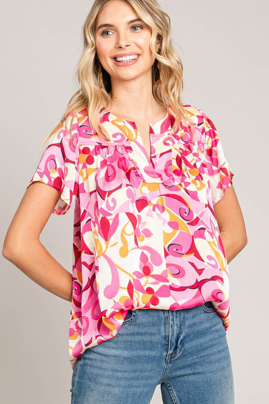 Cotton Bleu by Nu Label Abstract Print Short Sleeve Top Pink S 