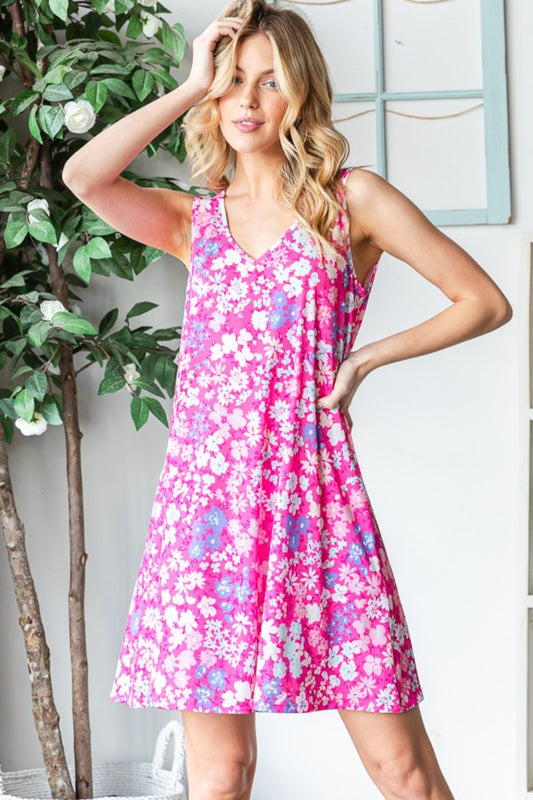 STUNNLY  Heimish Full Size Floral V-Neck Tank Dress with Pockets Fuchsia Multi S 