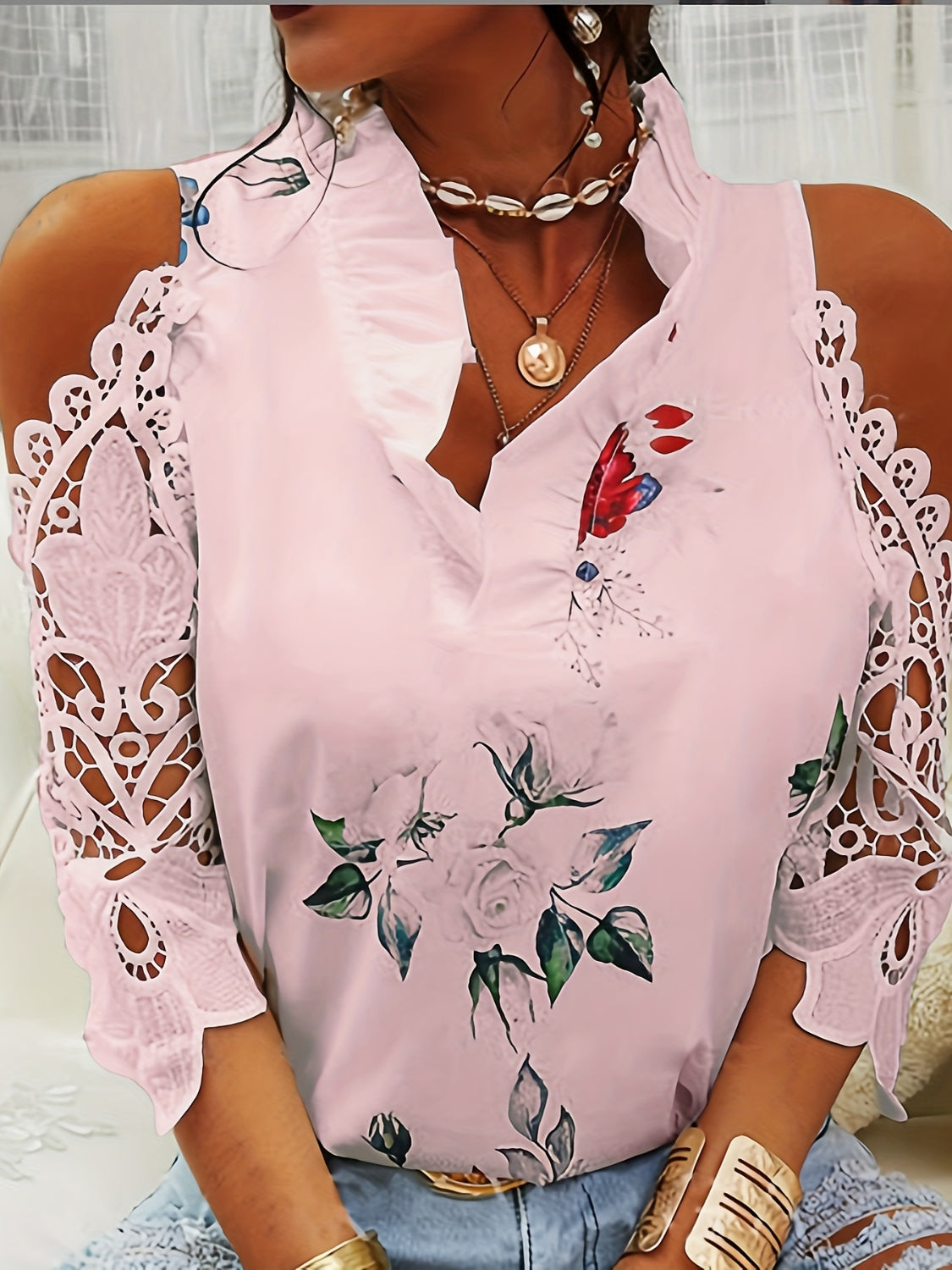 STUNNLY  Full Size Lace Printed Half Sleeve Blouse Blush Pink S 