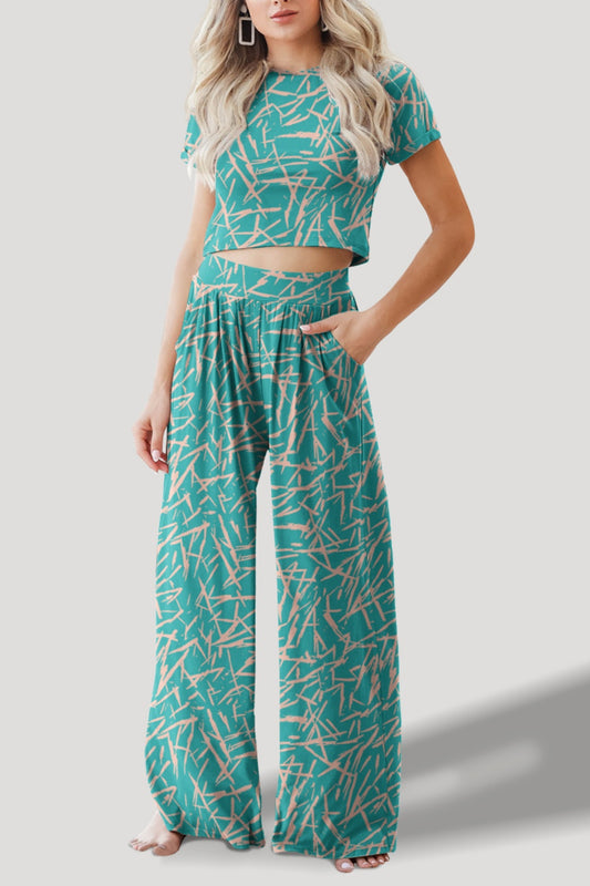 STUNNLY  Printed Round Neck Short Sleeve Top and Pants Set Teal S 