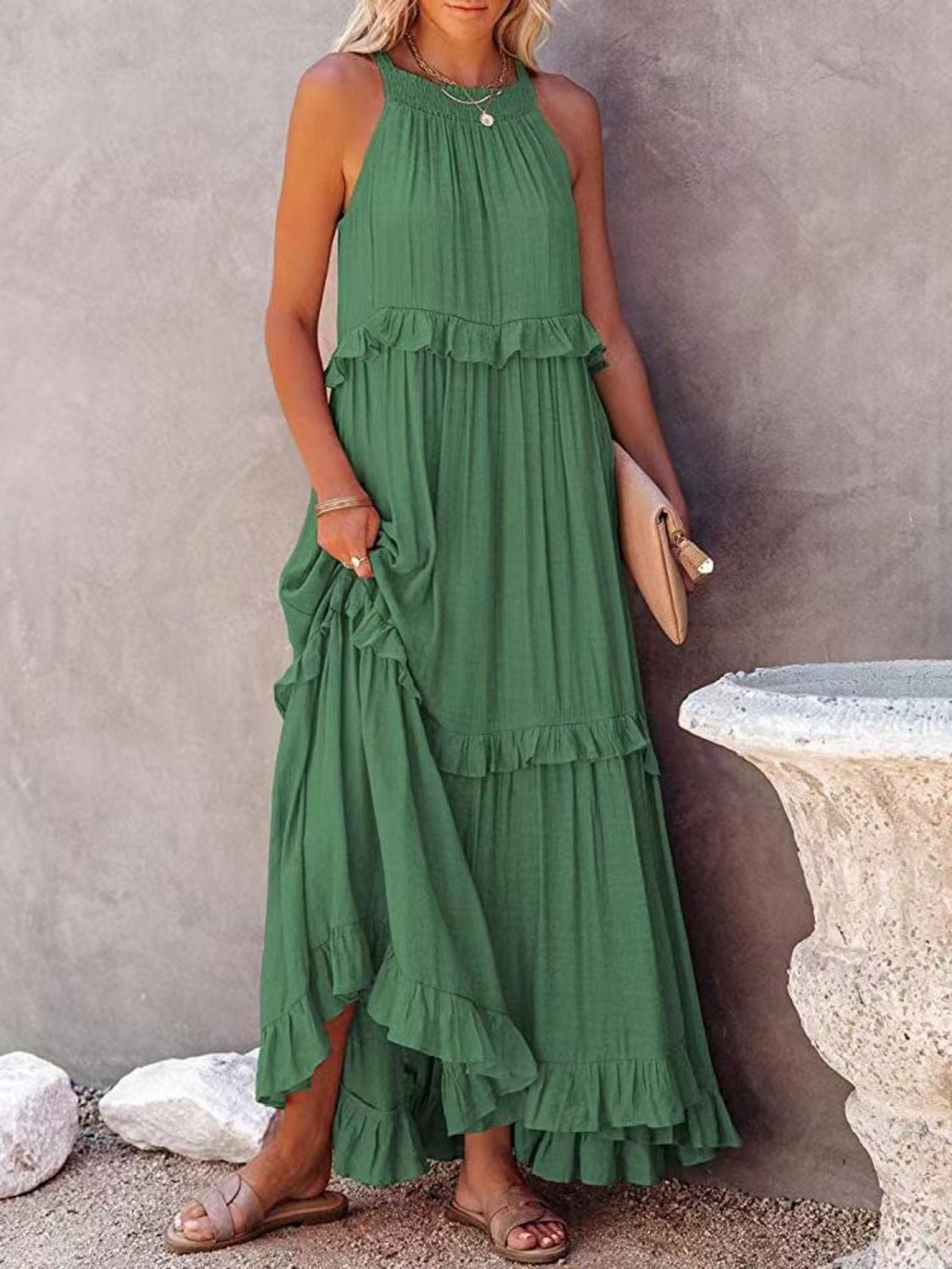 STUNNLY  Ruffled Sleeveless Maxi Dress with Pockets Green S 