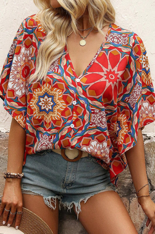 STUNNLY  Printed V-Neck Half Sleeve Blouse Multicolor S 